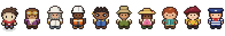 Ten pixel-art characters: Nigel, then an aviator, beekeeper, builder, engineer, fisher, gardener, hiker, painter and sailor